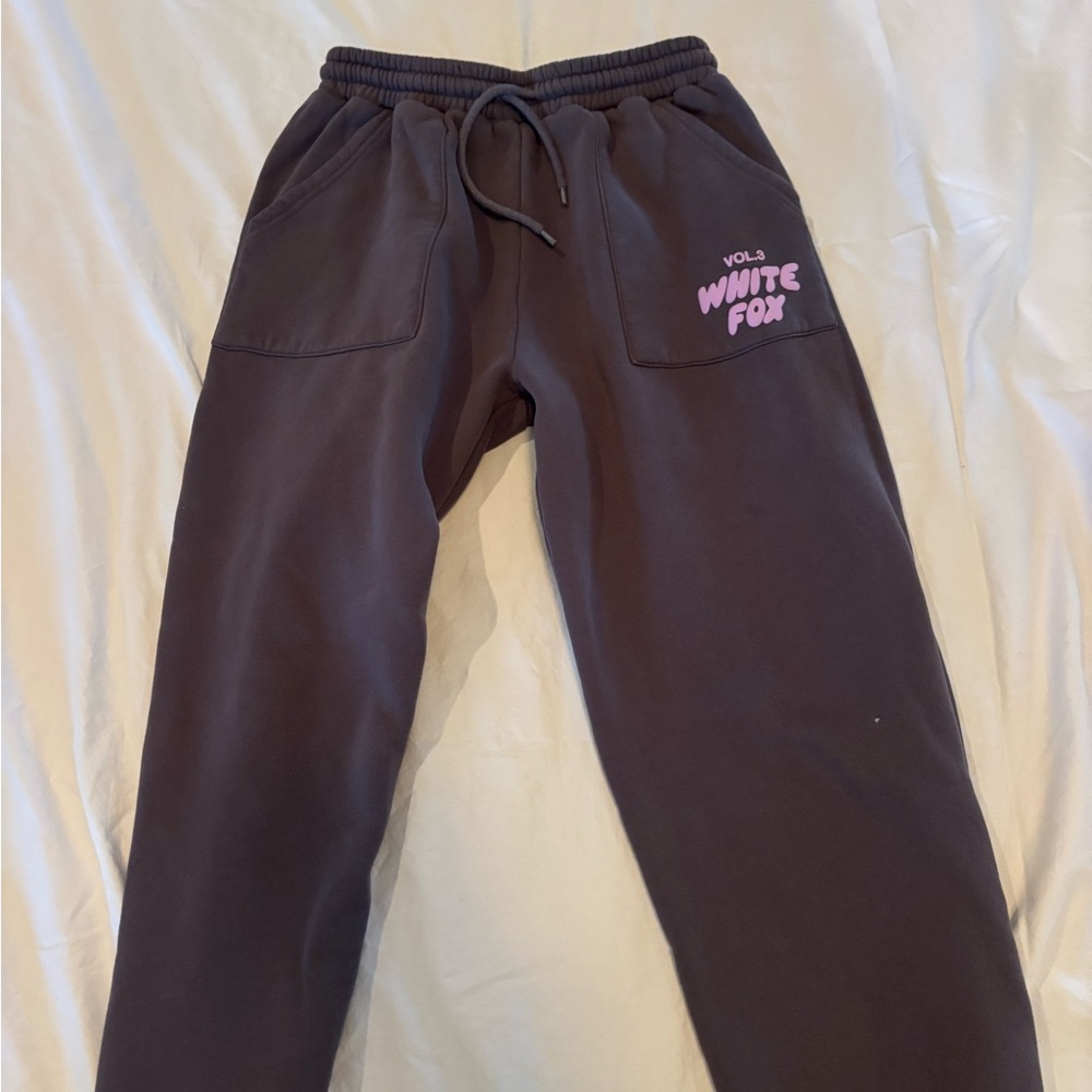 White Fox Dark Grey Sweatpants with Purple Accents